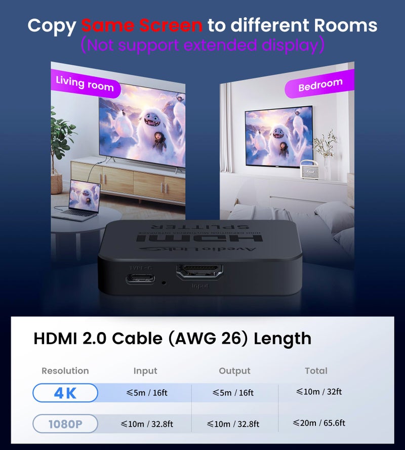 avedio links HDMI Splitter 4K@60Hz, HDMI Splitter 1 in 2 Out-Not Extended Display(Only Mirror Screens), Support 3D Dol-by Vision Atmos HDMI2.0b, HDCP2.2, 18.5Gbps, Auto Downscaling, Full HD 1080P - Image 3